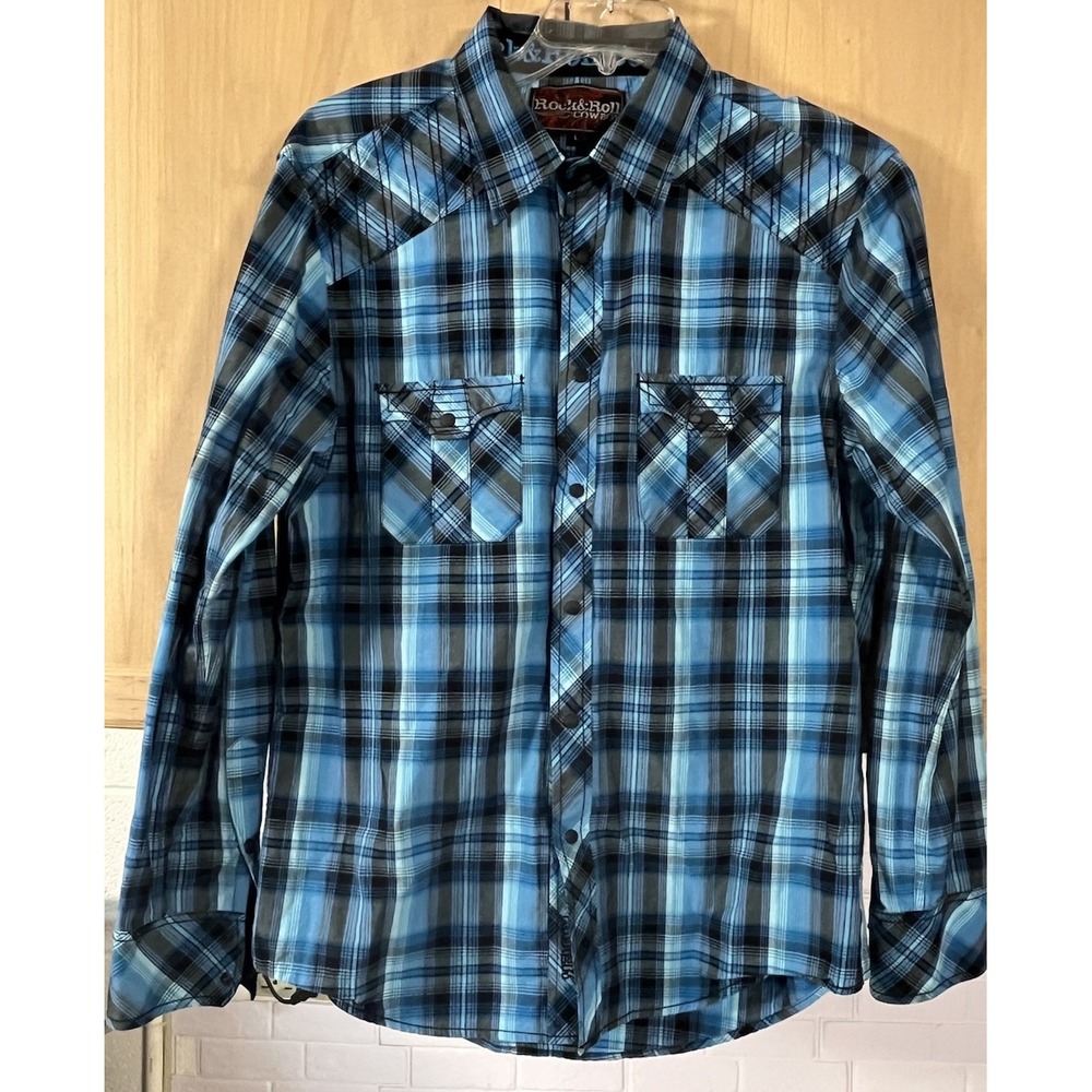 Rock & Roll Cowboy Western Snap Shirt Mens Large Blue Plaid Long Sleeve B2S5112